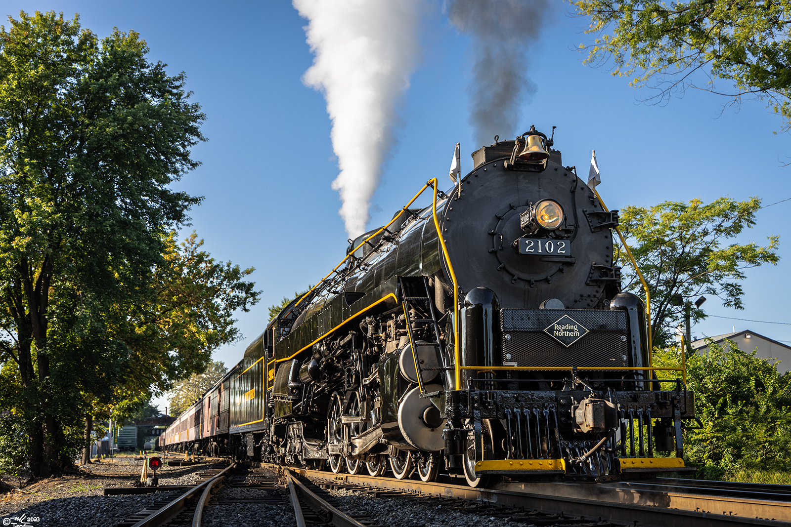 RDG 2102 is a class T-1 and  is pictured in Port Clinton, Pennsylvania, USA.  This was taken along the Reading & Northern Steam Shop on the Reading Company. Photo Copyright: Mark Turkovich uploaded to Railroad Gallery on 09/27/2023. This photograph of RDG 2102 was taken on Saturday, September 02, 2023. All Rights Reserved. 