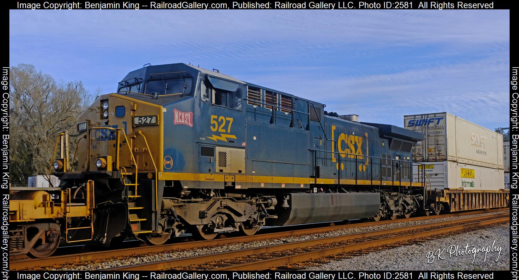 CSXT 527 is a class GE AC4400CW and  is pictured in Callahan, Florida, USA.  This was taken along the CSXT Nahunta Subdivision on the CSX Transportation. Photo Copyright: Benjamin King uploaded to Railroad Gallery on 12/05/2023. This photograph of CSXT 527 was taken on Saturday, February 19, 2022. All Rights Reserved. 