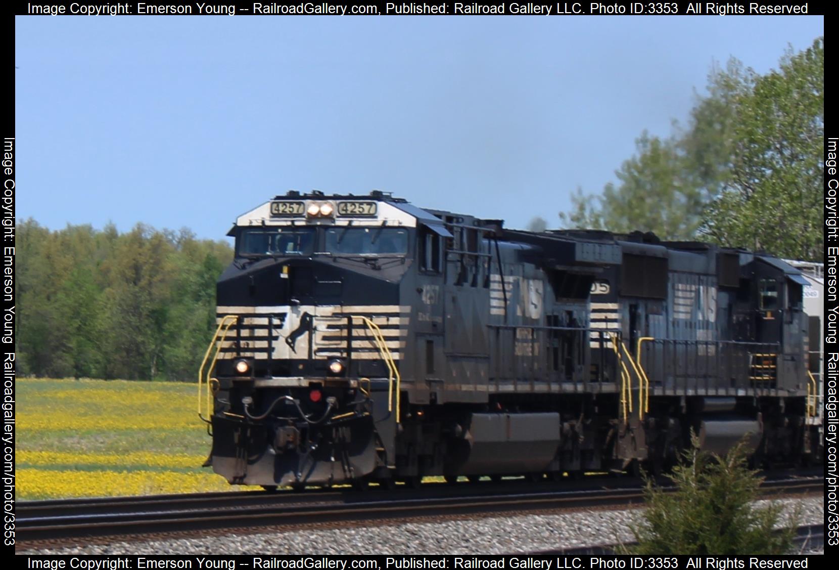 NS 4257 is a class GE AC4400CW and  is pictured in Attica, Ohio, United States.  This was taken along the Sandusky District  on the Norfolk Southern. Photo Copyright: Emerson Young uploaded to Railroad Gallery on 05/04/2024. This photograph of NS 4257 was taken on Thursday, May 02, 2024. All Rights Reserved. 