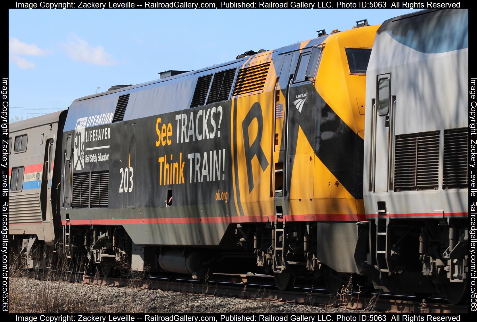 AMTK 203 is a class P42DC  and  is pictured in St Johnsville New York , New York, United States .  This was taken along the Mohawk Subdivision on the CSX. Photo Copyright: Zackery Leveille uploaded to Railroad Gallery on 04/30/2025. This photograph of AMTK 203 was taken on Wednesday, April 30, 2025. All Rights Reserved. 