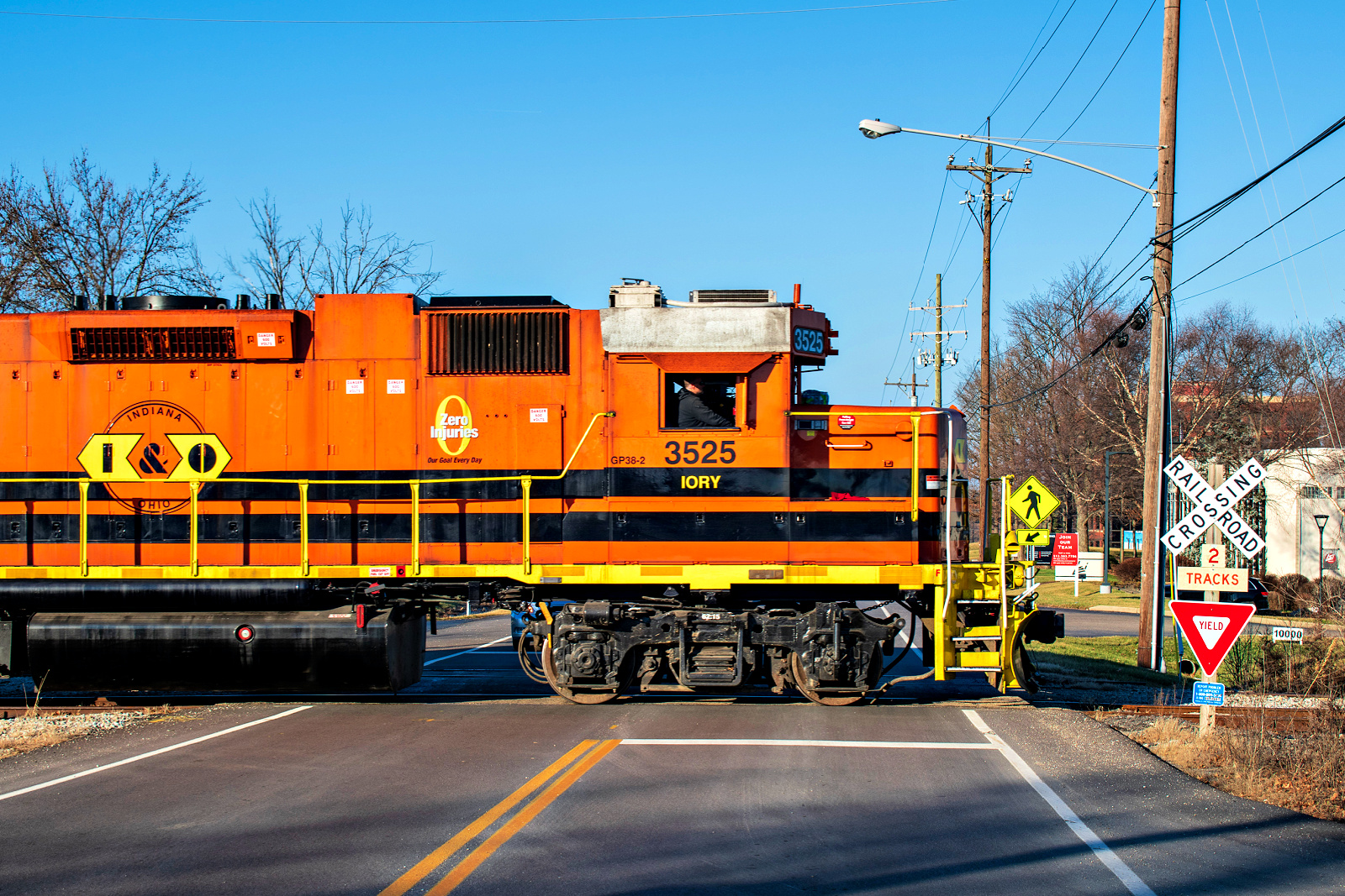 IORY 3525 is a class EMD GP38-2 and  is pictured in Blue Ash, Ohio, United States.  This was taken along the Blue Ash Subdivision on the Indiana and Ohio Railway. Photo Copyright: David Rohdenburg uploaded to Railroad Gallery on 01/23/2023. This photograph of IORY 3525 was taken on Monday, January 09, 2023. All Rights Reserved. 