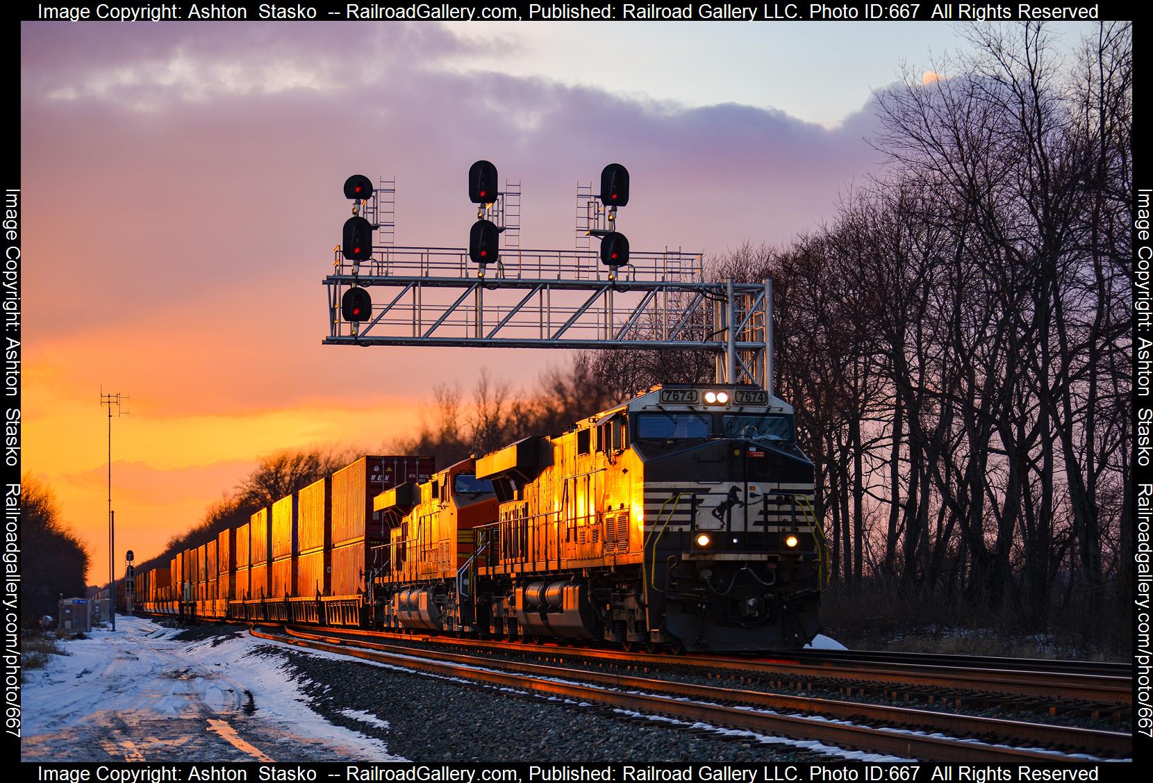 7674 is a class ES44DC and  is pictured in LaPorte , Indiana , United States .  This was taken along the Chicago Line  on the Norfolk Southern. Photo Copyright: Ashton  Stasko  uploaded to Railroad Gallery on 02/03/2023. This photograph of 7674 was taken on Thursday, February 02, 2023. All Rights Reserved. 